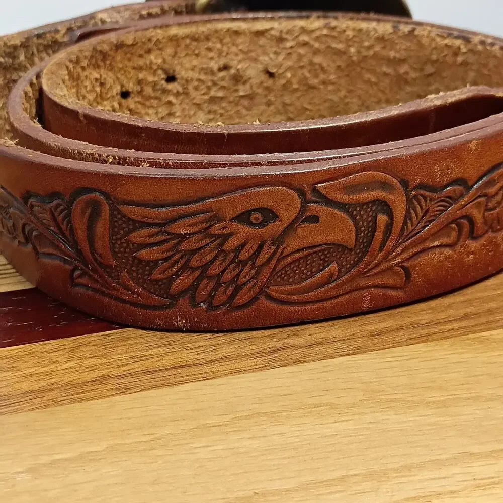 Oh Boy! Oberto Beef Jerky Belt Brass Buckle Eagle Tooled Leather Belt Size 40